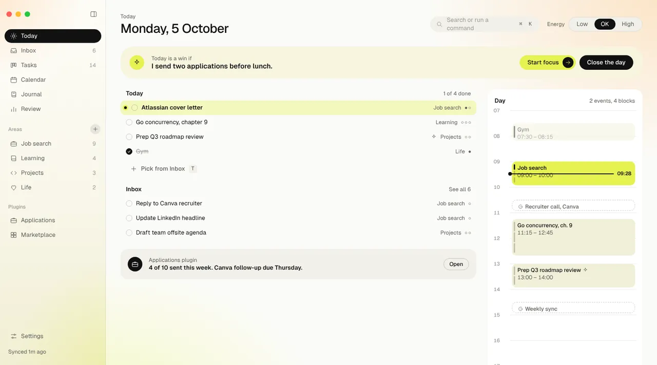 DailyOS Today view: tasks, a focus goal and a day timeline