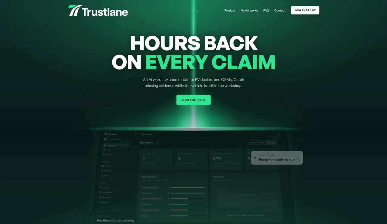 TrustLane landing page: Hours back on every claim, over the claims dashboard